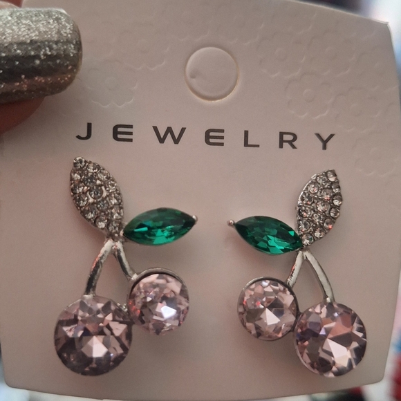 Source Unknown Jewelry - NIP Elegant Silver Tone & Rhinestone Pink Cherry Pierced Earrings